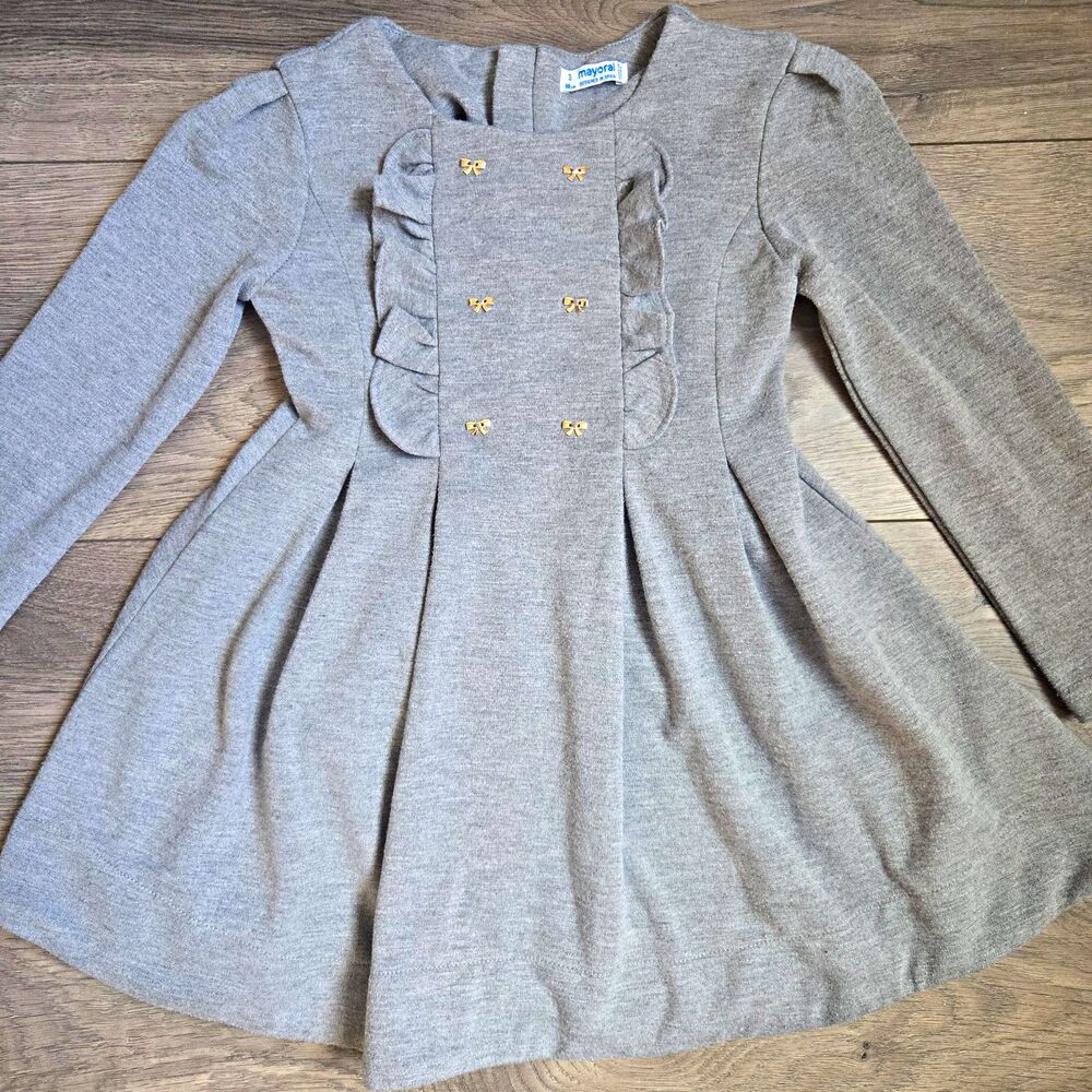 Mayoral Girls Dress Size 3 98cm Gray Long Sleeve Pleated Ruffle Gold Bows Preppy